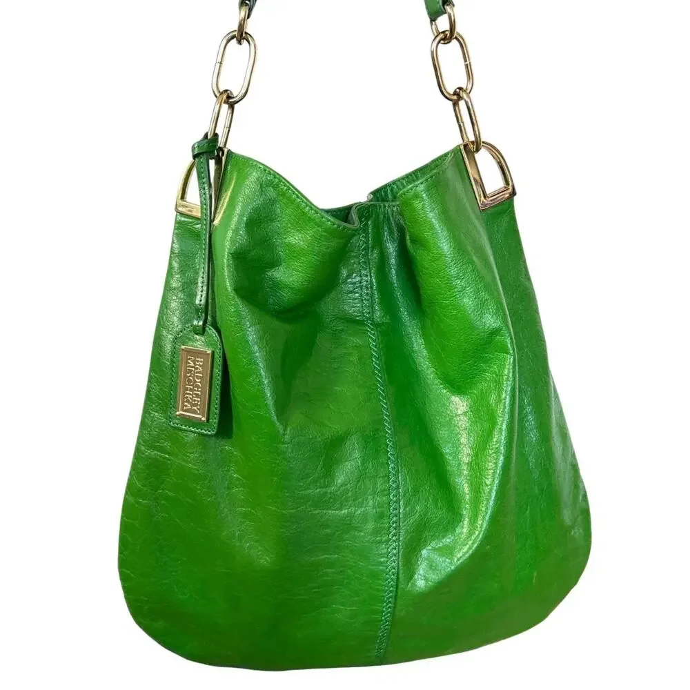 Badgley Mischka Gaia Hobo | Vintage Bright Green Leather Slouchy Chain-Link Bag